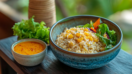A vibrant bowl of fresh rice salad paired with a flavorful dressing, garnished with corn and green leaves, perfect for a healthy meal or snack.の素材