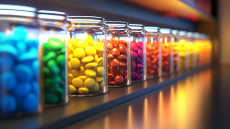 A vibrant arrangement of colorful candy jars on a modern shelf, showcasing a variety of sweets that create a joyful and playful atmosphere.の素材