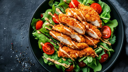 This vibrant crispy chicken salad features succulent chicken strips on a bed of fresh lettuce and juicy tomatoes, drizzled with a flavorful dressing.の素材
