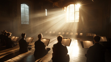 Sunlight streams through large windows, creating a serene atmosphere as musicians focus on their performance in a tranquil setting, highlighting creativity and teamwork.の素材