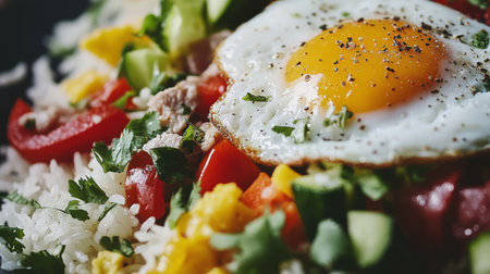 A vibrant bowl featuring fluffy rice topped with a sunny-side-up egg and a variety of colorful vegetables, ideal for healthy meals.の素材