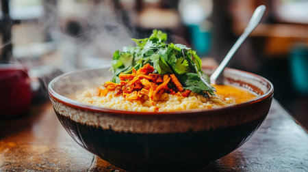 A warm bowl of delicious steaming soup topped with fresh herbs, offering a comforting and appetizing meal ideal for any time of day. Perfect for food photography.の素材