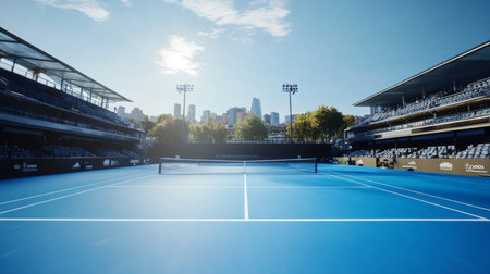 A vibrant blue tennis court bathed in sunlight showcases a stunning city skyline in the background, ideal for sports and leisure themed projects.の素材