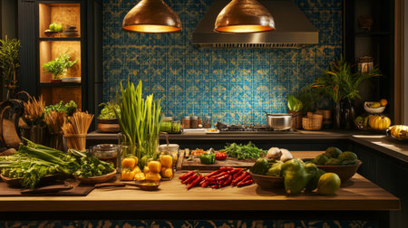 A bright kitchen scene filled with fresh vegetables and herbs. Copper pots hang above a well-organized countertop, showcasing a vibrant culinary atmosphere.の素材