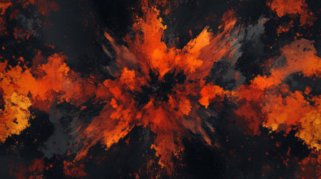 This vibrant abstract artwork features an explosion of orange and black colors, creating a striking visual effect. Ideal for artistic projects or backgrounds.の素材