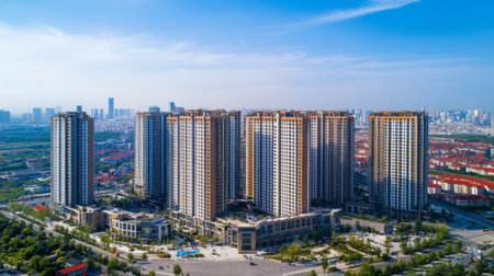 Aerial view of a modern urban apartment complex surrounded by greenery and a clear sky. This image captures the essence of contemporary city living.の素材
