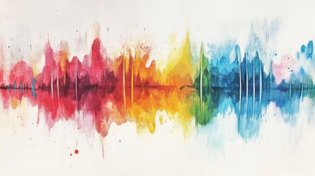 This captivating abstract artwork features vibrant colors and dynamic shapes, representing sound waves in a unique and expressive style. Ideal for creative projects.の素材