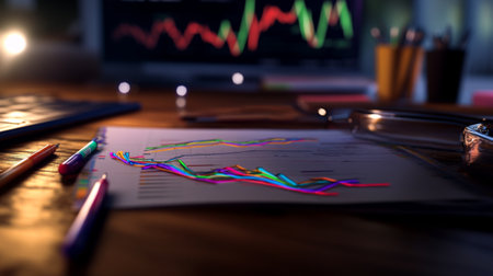 A dynamic scene capturing financial data analysis with colorful charts on a desk. The setup features essential office tools and a laptop, ideal for business insights.の素材
