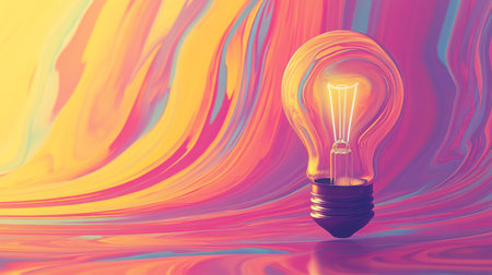 This image features a glowing light bulb with a vibrant, colorful background, evoking creativity and inspiration in a modern artistic style. Perfect for design projects.の素材
