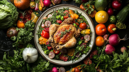 A beautifully arranged roast chicken surrounded by an array of fresh vegetables and herbs, showcasing vibrant colors and healthy ingredients perfect for a festive meal.の素材