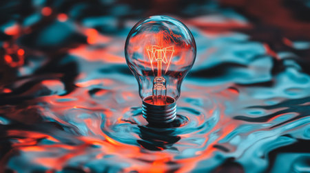 A glowing light bulb floats above a textured water surface, creating a captivating interplay of colors and reflections, symbolizing creativity and innovation.の素材
