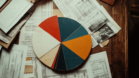 A colorful chart rests on a wooden table surrounded by various documents, showcasing a creative workspace with artistic and analytical elements.の素材