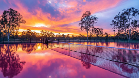 A stunning sunset casts vibrant colors over tennis courts, creating enchanting reflections in the still water. A serene and picturesque landscape awaits.の素材
