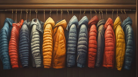 A vibrant display of stylish puffer jackets in various colors hanging in a closet. Perfect for winter fashion inspiration and wardrobe choices.の素材