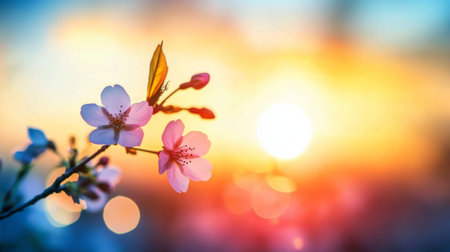 Beautiful cherry blossoms bloom at sunset, creating a serene atmosphere. The soft focus highlights the delicate petals against a colorful backdrop, capturing the essence of spring.の素材