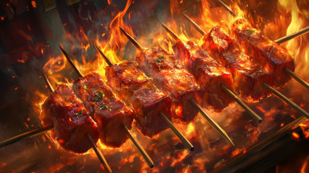 Juicy meat skewers grilled over an open flame create a vivid culinary scene. The vibrant colors and intense heat evoke a passionate cooking experience.の素材
