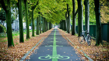 A tranquil bike path lined with lush green trees and scattered autumn leaves, perfect for cycling and enjoying nature's beauty in a serene environment.の素材