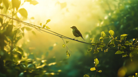 A solitary bird rests on a slender branch amidst lush greenery, illuminated by soft sunlight. The scene captures the essence of nature's tranquil beauty.の素材