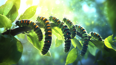 A stunning display of colorful caterpillars crawling on lush green leaves. This close-up shot captures the beauty of nature and the intricate patterns of these insects.の素材