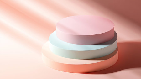 A serene arrangement of soft-colored stacked circles against a gradient background. Ideal for design inspiration, product display, or minimalistic aesthetics.の素材