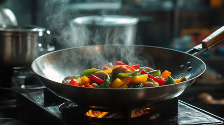 A vibrant bowl of stir-fried vegetables sizzling in a modern kitchen, showcasing the art of cooking with fresh ingredients and aromatic steam.の素材