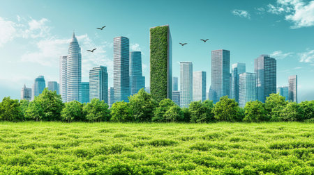 A stunning urban landscape featuring modern skyscrapers intertwined with greenery, showcasing the harmony between nature and architecture under a bright blue sky.の素材