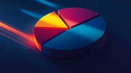 Vibrant pie chart with light effects showcasing data analysis on a dark background. Ideal for business presentations and reports in modern design.の素材