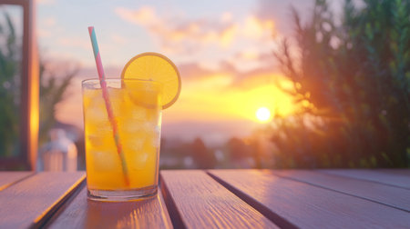 A vibrant glass of citrus drink with ice and an orange slice sits on a wooden table at sunset, capturing the essence of summer evenings and relaxation.の素材