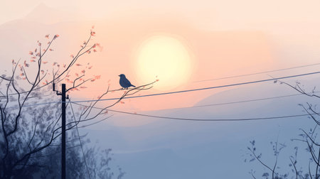 A tranquil scene featuring a bird perched on a branch against a warm sunrise backdrop. The soft colors create a peaceful atmosphere for nature lovers.の素材