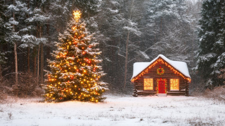 A charming winter scene featuring a cozy cabin adorned with holiday decorations, a beautifully lit Christmas tree, and gently falling snow in a tranquil forest setting.の素材