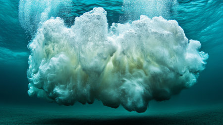 Captivating underwater scene featuring a cloud of foam and bubbles amidst a tranquil blue environment, showcasing the beauty of fluid movement.の素材
