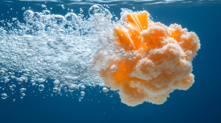 A stunning underwater explosion in vibrant orange creates a mesmerizing scene filled with bubbles and dynamic motion, capturing the beauty of fluid dynamics.の素材