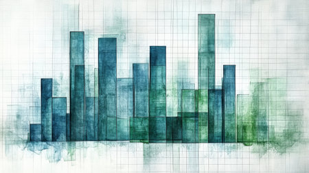 Vibrant abstract bar graph illustration featuring blue and green hues. Perfect for business, finance, and data analysis presentations and projects.の素材