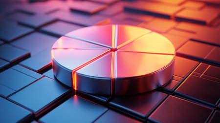 A shiny metallic pie chart sits on a textured geometric background, showcasing vibrant colors and reflections. Ideal for data visualization themes in modern design.の素材