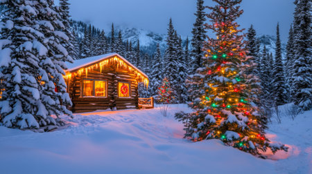 A charming cabin adorned with colorful holiday lights surrounded by snow-covered pine trees in a tranquil winter landscape, perfect for festive occasions.の素材