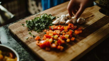 A vibrant setup of fresh vegetables and herbs on a wooden cutting board, showcasing a kitchen preparation scene perfect for healthy meal recipes.の素材