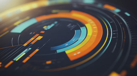 Dynamic abstract data visualization featuring vibrant circular designs. This modern graphic illustrates technology and analytics in a stunning visual format.の素材