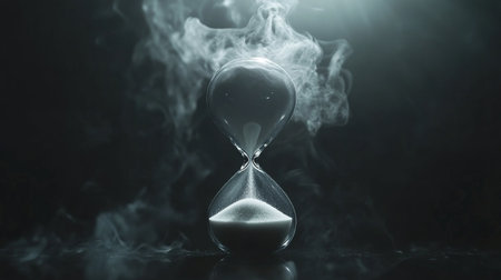 An artistic representation of an hourglass surrounded by soft smoke, symbolizing the passage of time and the essence of fleeting moments in a serene atmosphere.の素材