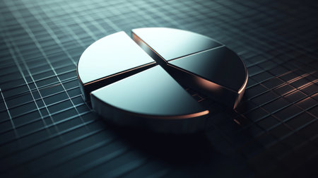 A sleek metallic pie chart design on a dark background, ideal for business presentations, data visualization, and modern marketing concepts.の素材
