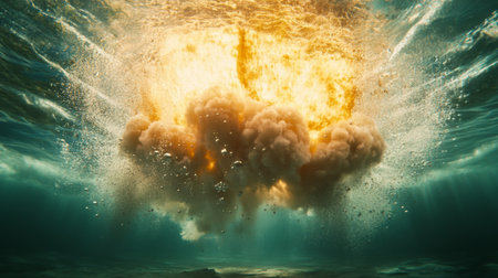 A striking underwater explosion showcases a burst of fire and smoke, creating spectacular visual effects. The dynamic scene captures energy and chaos in nature.の素材