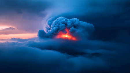 A stunning depiction of a volcanic eruption, showcasing dramatic ash clouds and glowing lava in the twilight sky, illustrating nature's powerful force.の素材