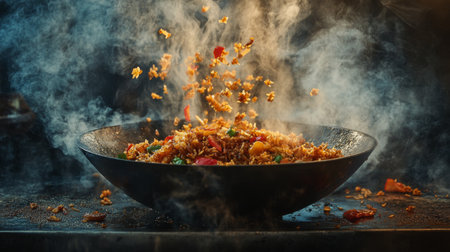 A captivating image of stir-fried rice in a dark bowl, with colorful ingredients flying in the air, surrounded by steam and smoke, creating a dynamic cooking scene.の素材