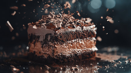 A rich chocolate cake slice with creamy frosting and chocolate shavings, capturing indulgence and elegance in a beautifully styled presentation.の素材