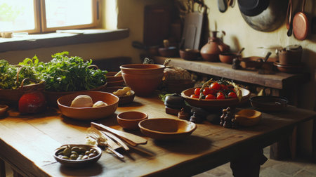 A picturesque rustic kitchen featuring a wooden table adorned with fresh vegetables, herbs, and simple pottery. The warm atmosphere is complemented by natural light streaming through the window, creating a perfect setting for culinary inspiration.の素材