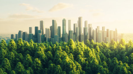 A stunning urban skyline emerges from a lush green forest, showcasing a harmonious blend of modern architecture and natural beauty under a bright sky.の素材