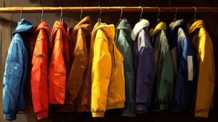 A vibrant display of colorful jackets hanging on a wooden rack, showcasing a variety of textures and hues in a cozy indoor setting. Perfect for fashion themes.の素材