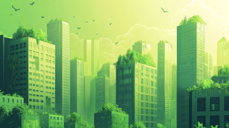 Explore a vibrant futuristic city where nature meets urban life. Lush greenery adorns modern skyscrapers, showcasing an eco-friendly vision for the future.の素材