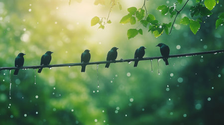 A peaceful scene of birds perched on a wire amidst a soft rain, capturing the essence of natureの素材