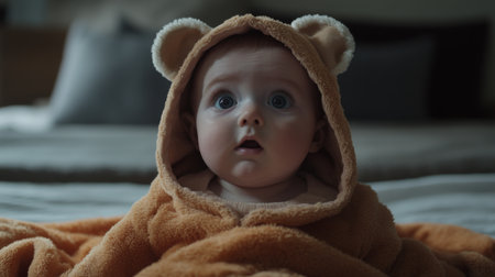A cute baby wearing a bear hoodie displays a surprised expression, surrounded by a cozy blanket. This charming scene captures the essence of innocence and warmth.の素材