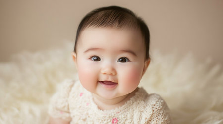 A captivating portrait of a cute baby with a charming smile, showcasing innocence and joy. The soft surface enhances the warmth and beauty of this precious moment.の素材
